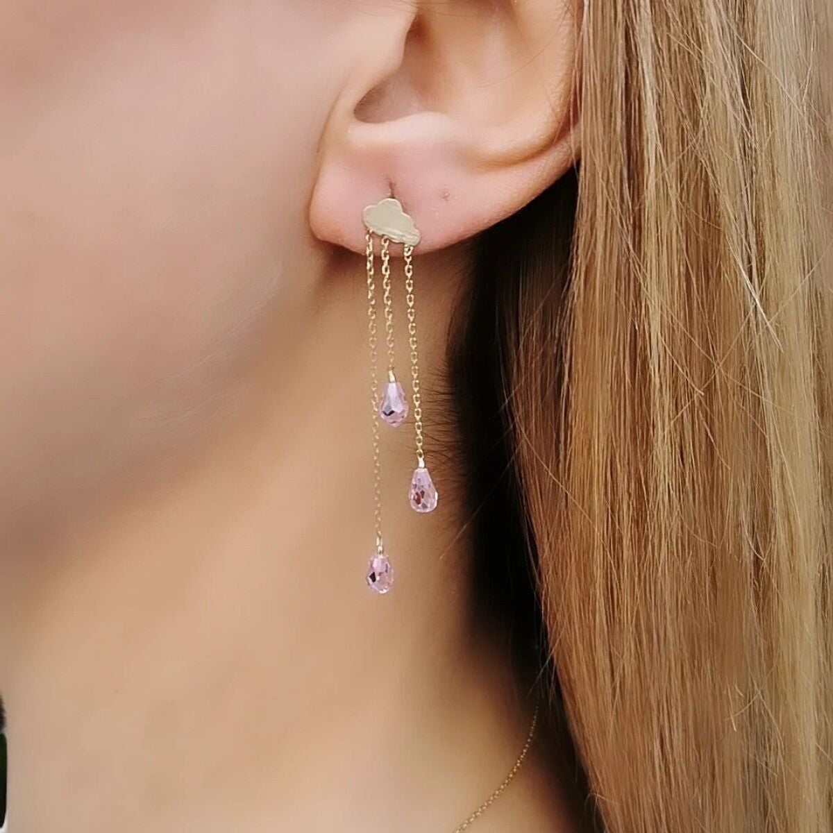 14 Ayar Pink Kuvars Kristal Taşlı Bulut Küpe