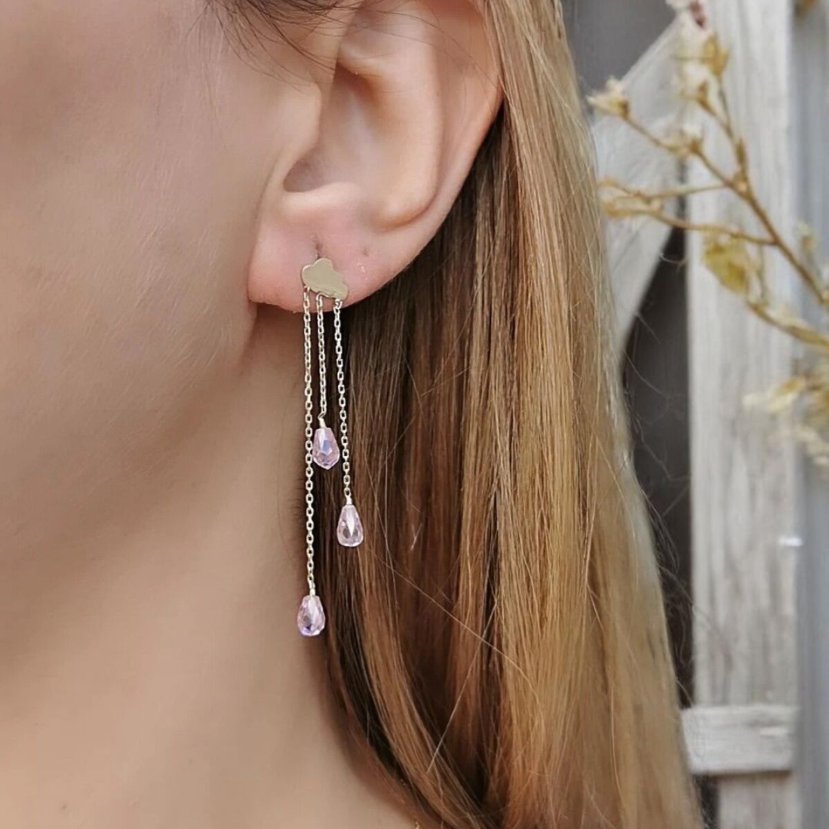 14 Ayar Pink Kuvars Kristal Taşlı Bulut Küpe