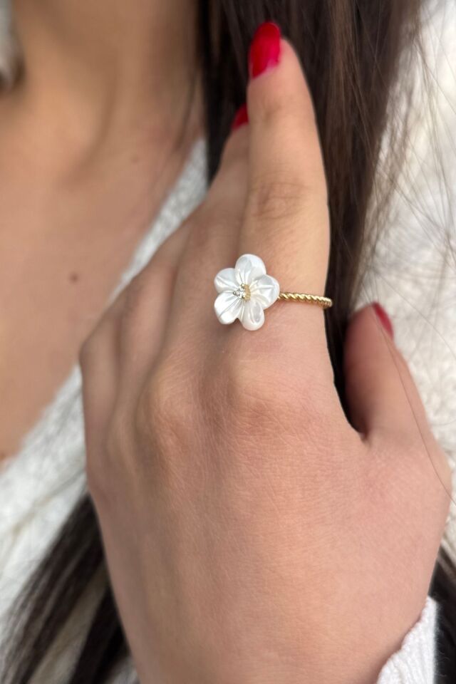 14 AYAR BURGU BEYAZ ÇİÇEK SEDEFLİ ALTIN YÜZÜK