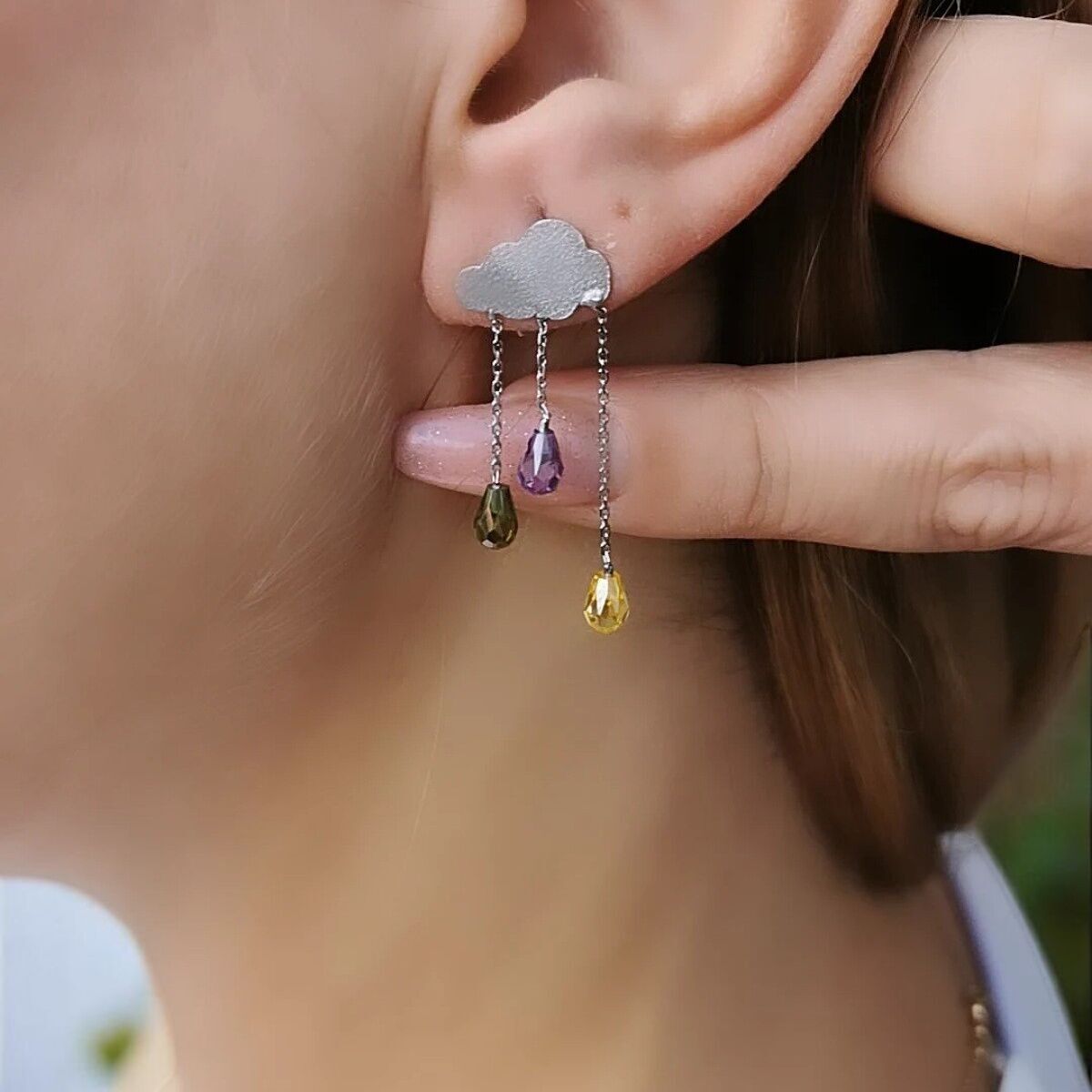 14 Ayar Ametist Citrin Ve Peridot Kristal Taşlı Bulut Altın Küpe