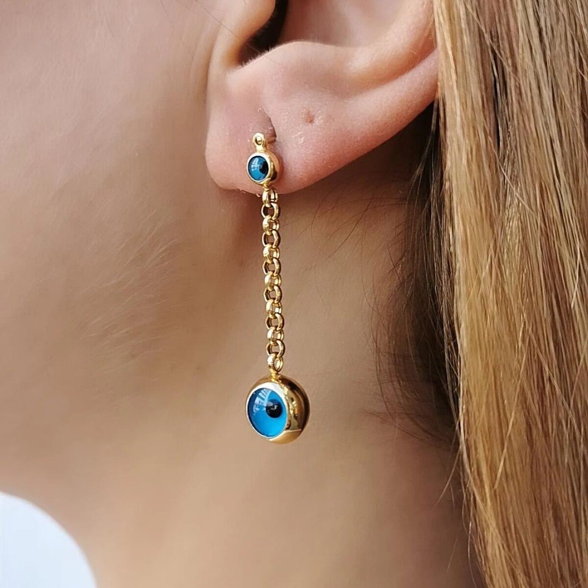 14 Ayar Nazar Boncuklu Zincirli Altın Küpe