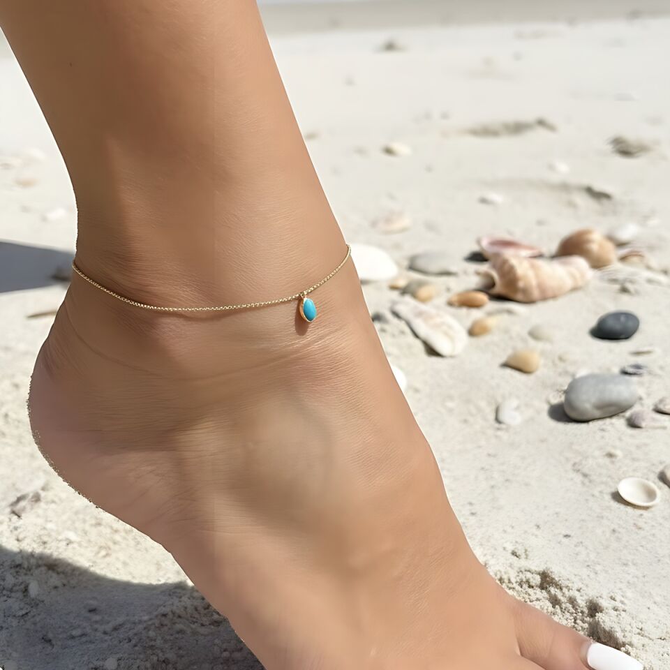 14 AYAR OVAL FİRUZE TAŞLI TOPTOP ZİNCİRLİ ALTIN HALHAL