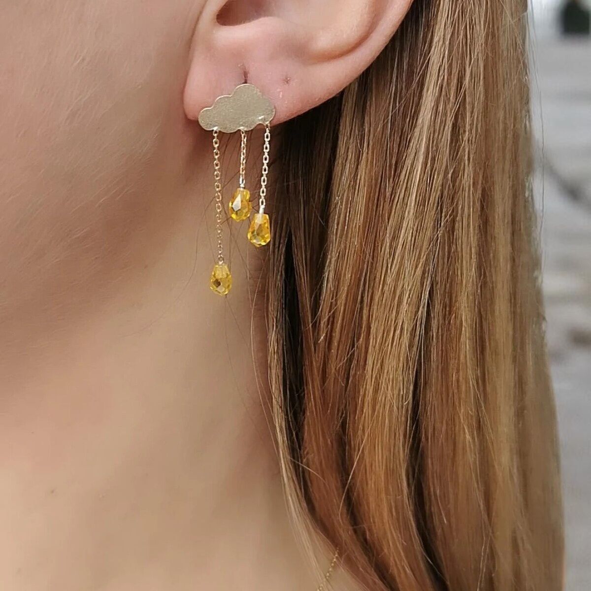 14 Ayar Citrin Taşlı Bulut Küpe