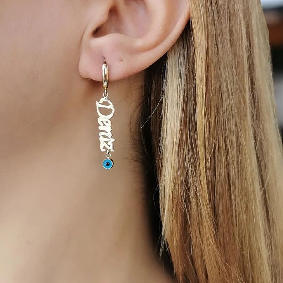 14 Ayar Özel Tasarım Deniz Yazılı Altın Tek Küpe