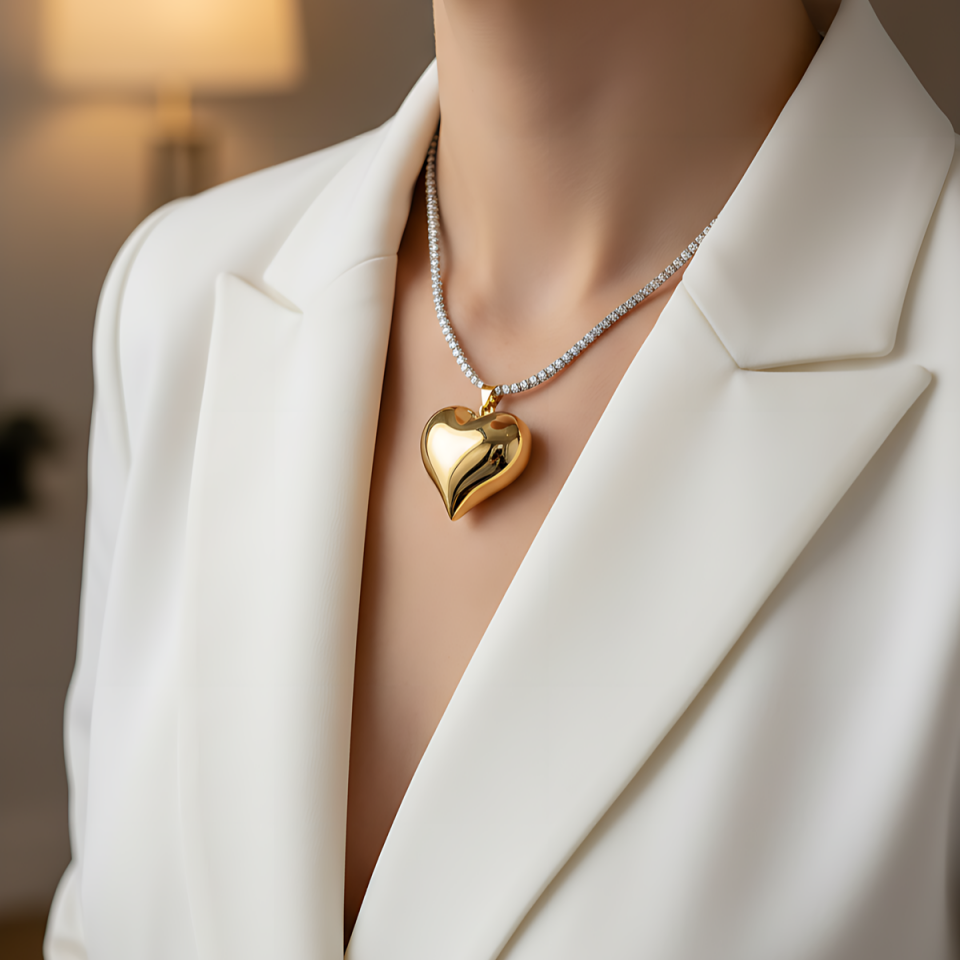 14 AYAR BEYAZ ALTIN SUYOLU KOLYE VE BÜYÜK BOY BOMBE KALP KOLYE UCU