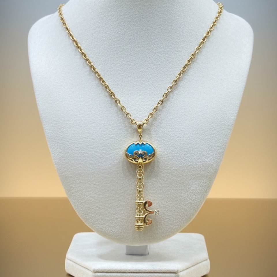 14 AYAR ZİNCİRLİ ÖZEL TASARIM FİRUZE TAŞLI ANAHTAR KOLYE