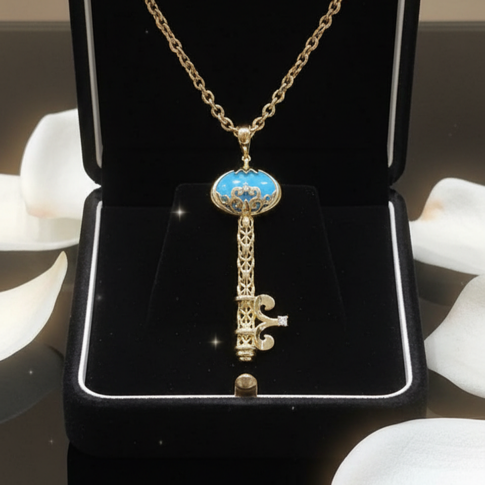 14 AYAR ZİNCİRLİ ÖZEL TASARIM FİRUZE TAŞLI ANAHTAR KOLYE