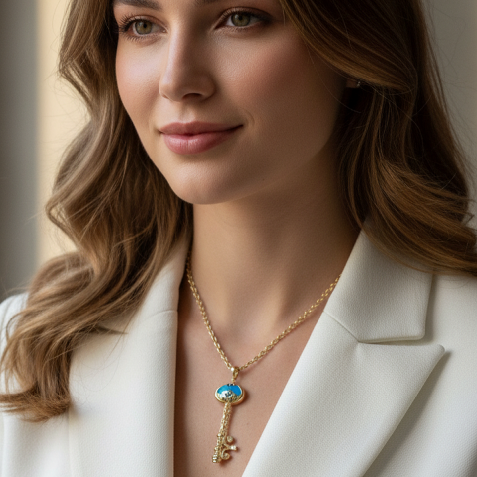 14 AYAR ZİNCİRLİ ÖZEL TASARIM FİRUZE TAŞLI ANAHTAR KOLYE