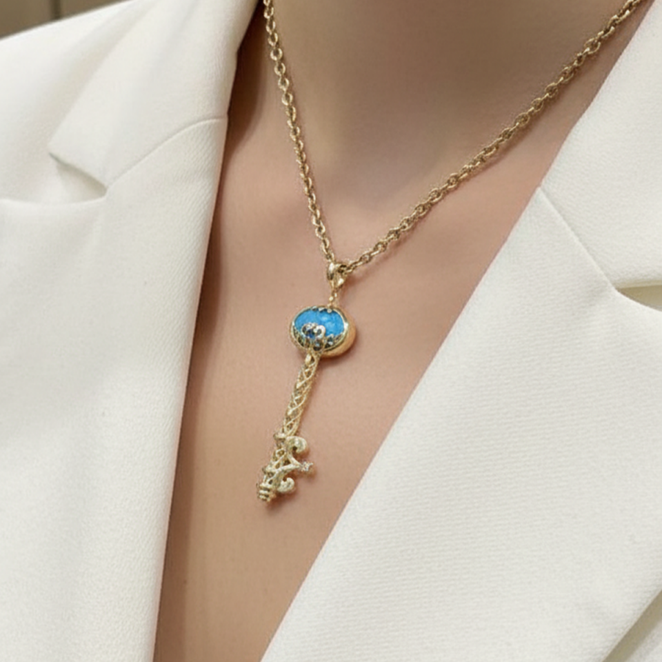 14 AYAR ZİNCİRLİ ÖZEL TASARIM FİRUZE TAŞLI ANAHTAR KOLYE