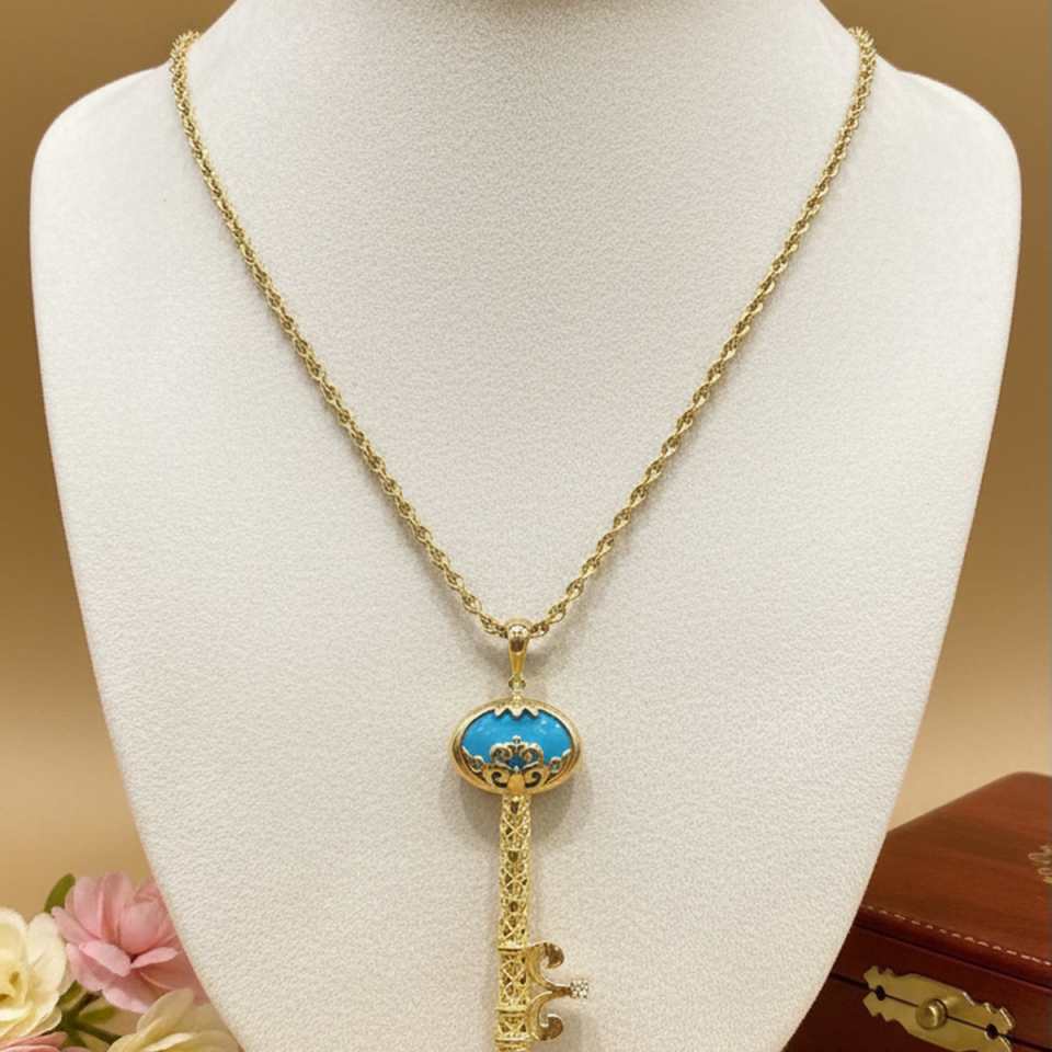 14 AYAR ZİNCİRLİ ÖZEL TASARIM FİRUZE TAŞLI ANAHTAR KOLYE