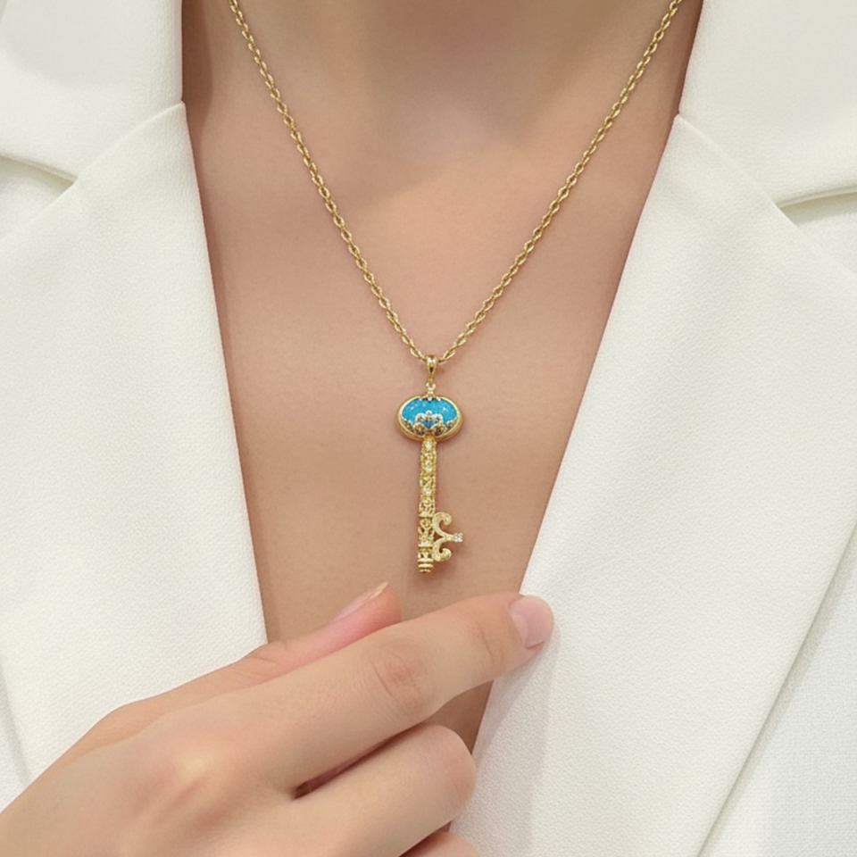 14 AYAR ZİNCİRLİ ÖZEL TASARIM FİRUZE TAŞLI ANAHTAR KOLYE