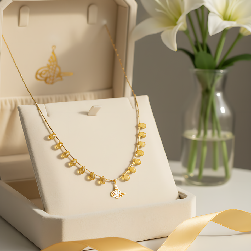 14 AYAR SARI TOPAZ TAŞLI ÖZEL TASARIM ALTIN KOLYE