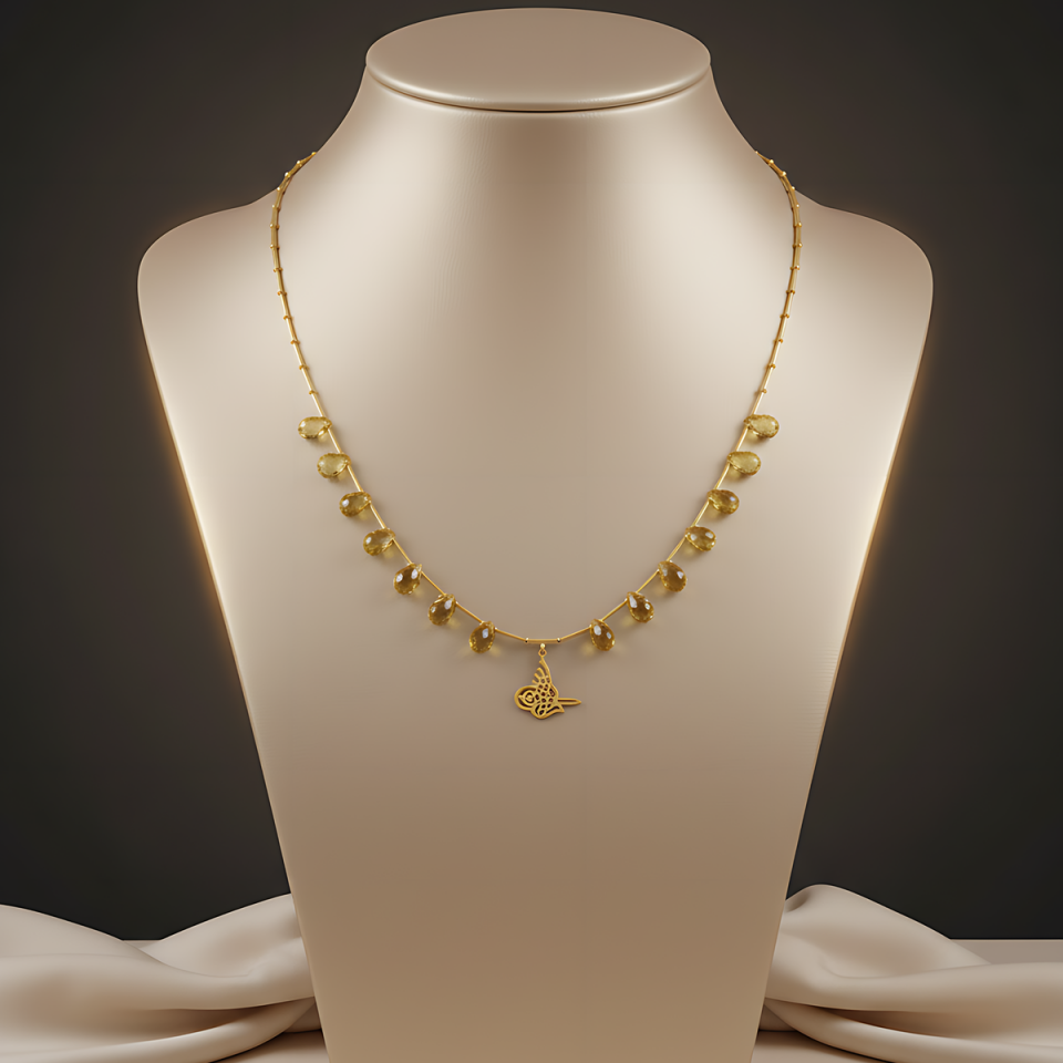 14 AYAR SARI TOPAZ TAŞLI ÖZEL TASARIM ALTIN KOLYE