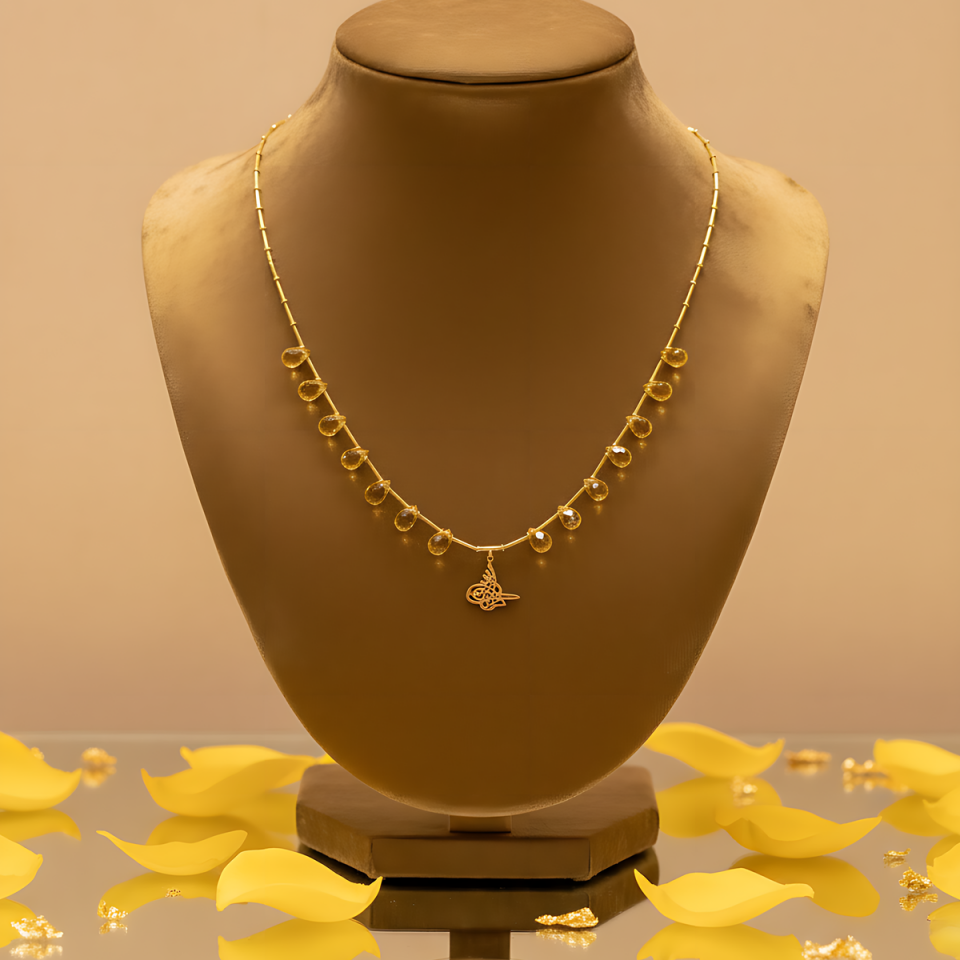 14 AYAR SARI TOPAZ TAŞLI ÖZEL TASARIM ALTIN KOLYE