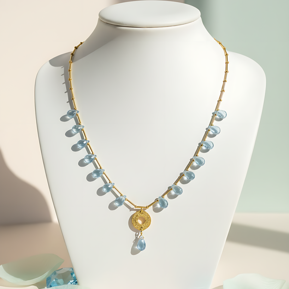 14 AYAR AQUAMARİN TAŞLI ÖZEL TASARIM KOLYE