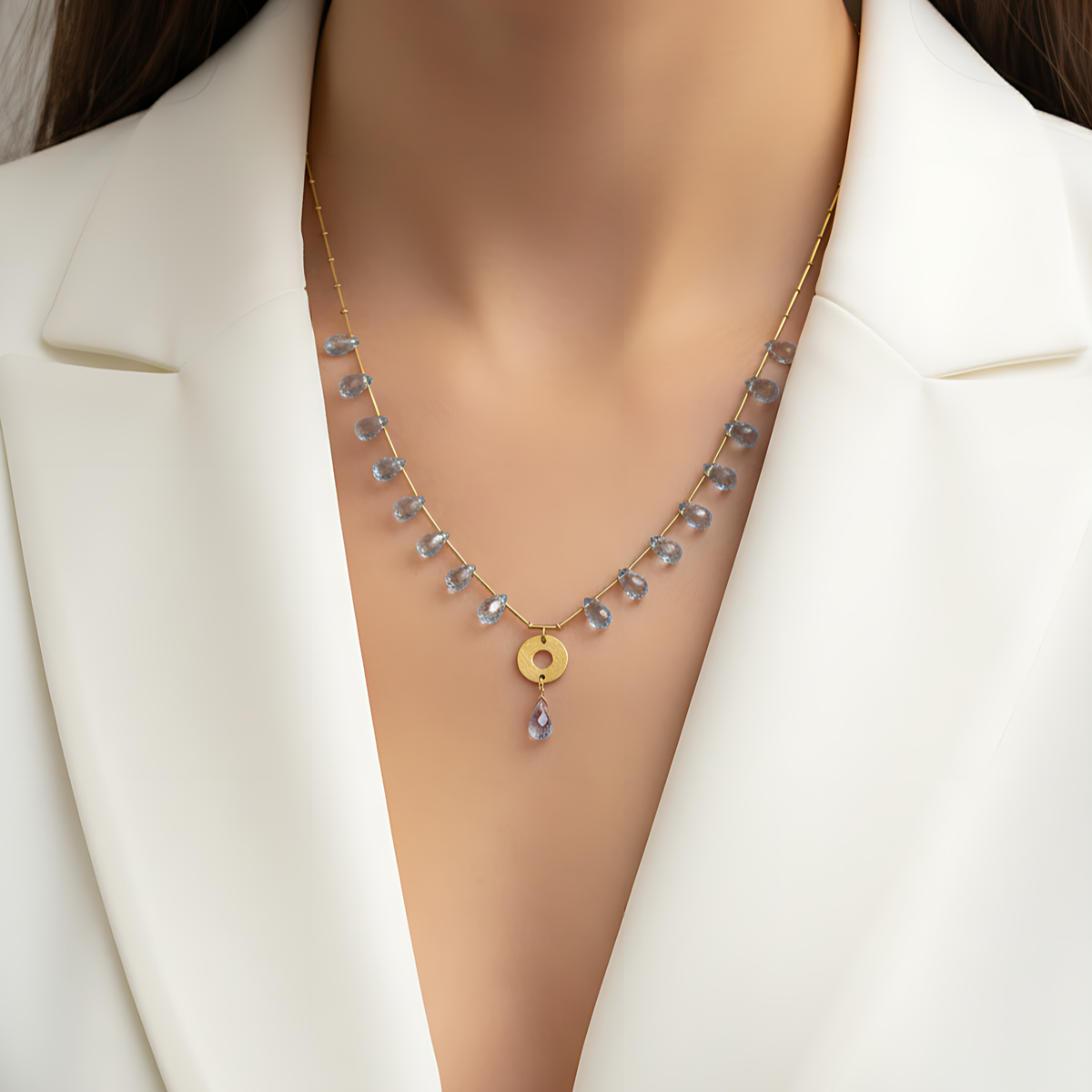 14 AYAR AQUAMARİN TAŞLI ÖZEL TASARIM KOLYE