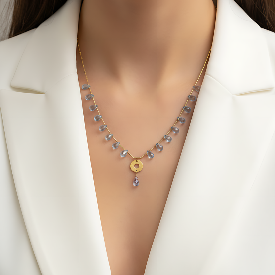 14 AYAR AQUAMARİN TAŞLI ÖZEL TASARIM KOLYE