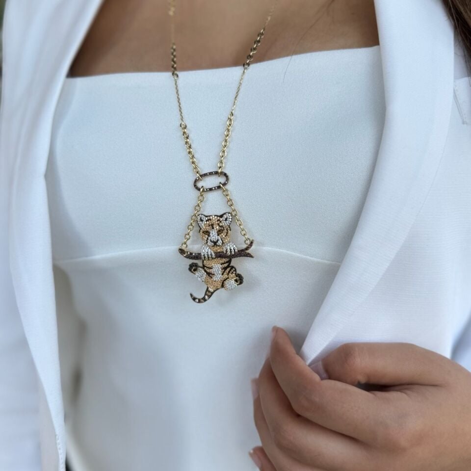 14 Ayar Özel Tasarım Sallantılı PANTER İtalyan Altın Kolye