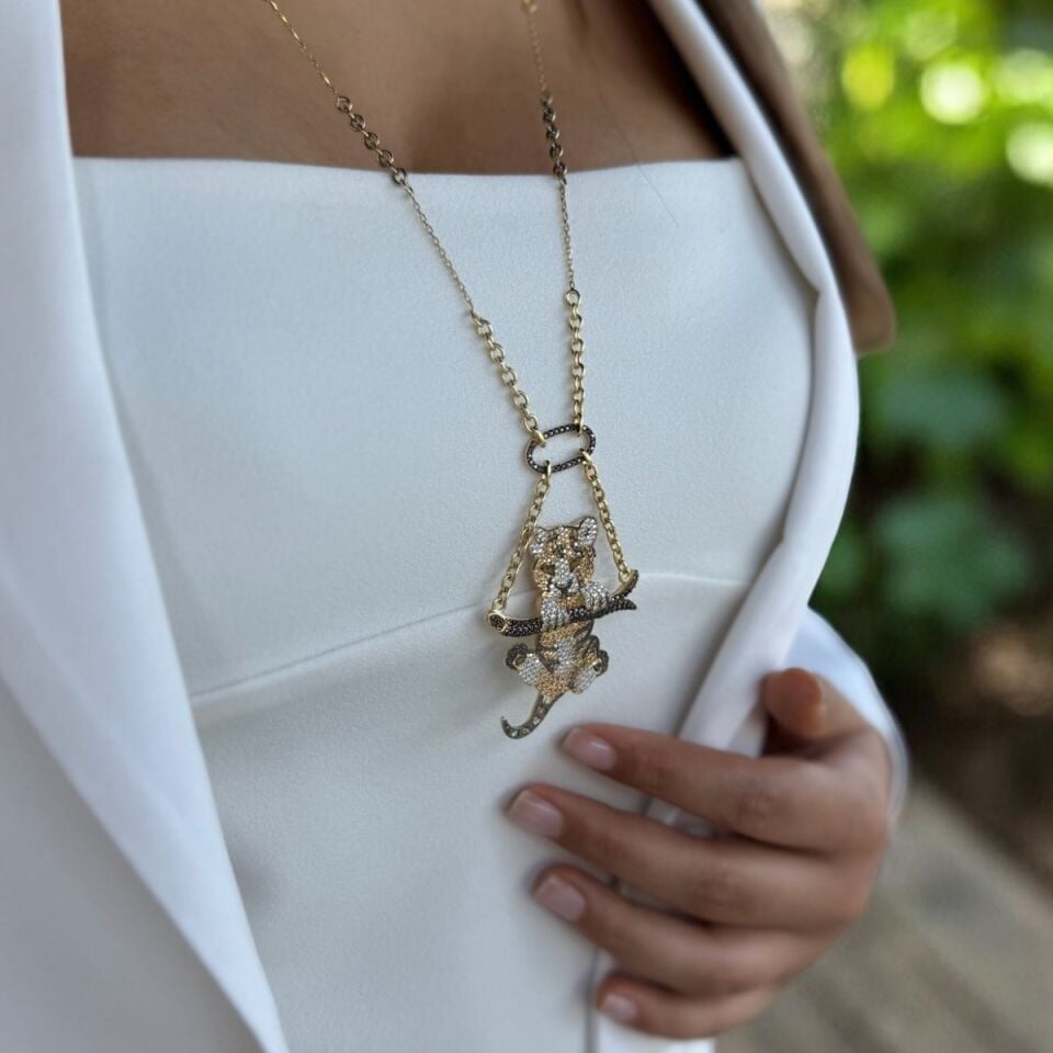 14 Ayar Özel Tasarım Sallantılı PANTER İtalyan Altın Kolye