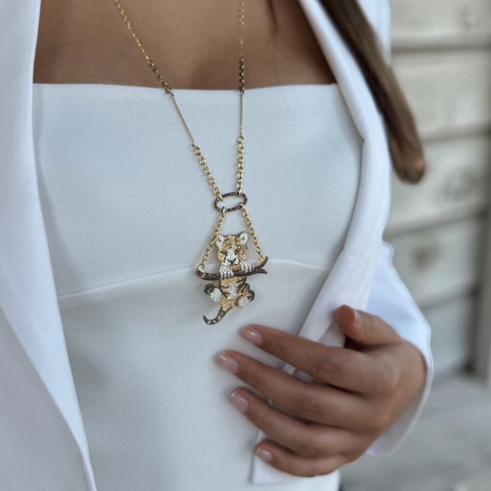 14 Ayar Özel Tasarım Sallantılı PANTER İtalyan Altın Kolye