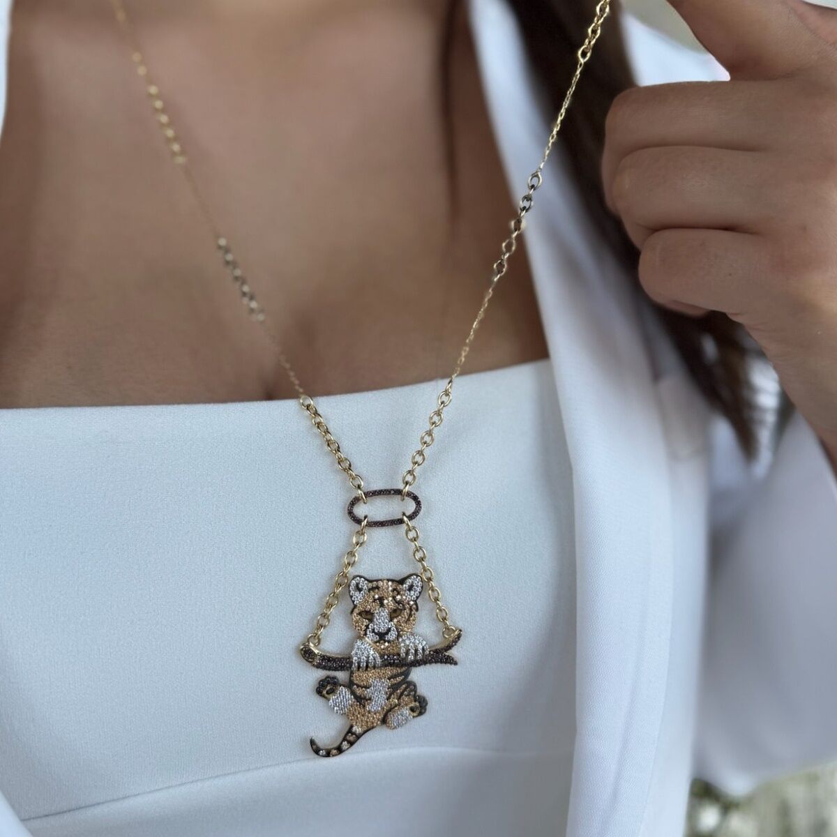 14 Ayar Özel Tasarım Sallantılı PANTER İtalyan Altın Kolye