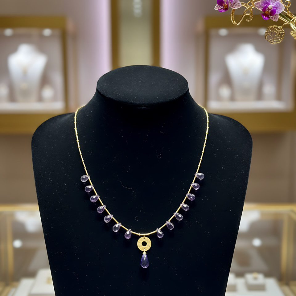 14 AYAR AMETİST TAŞLI ÖZEL TASARIM ALTIN KOLYE