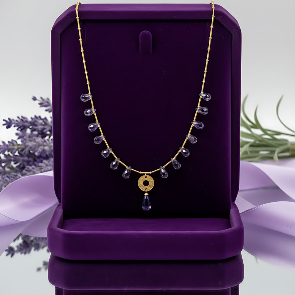 14 AYAR AMETİST TAŞLI ÖZEL TASARIM ALTIN KOLYE