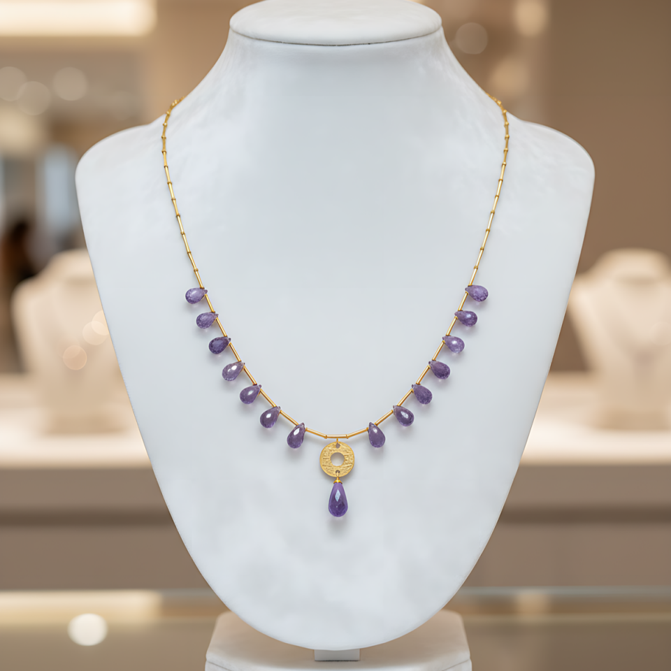 14 AYAR AMETİST TAŞLI ÖZEL TASARIM ALTIN KOLYE