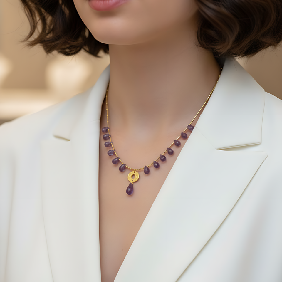 14 AYAR AMETİST TAŞLI ÖZEL TASARIM ALTIN KOLYE