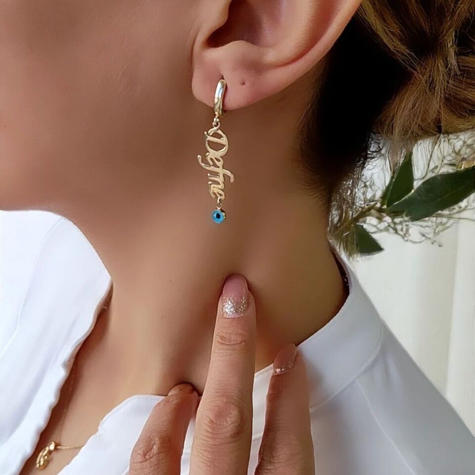 14 Ayar Defne Yazılı El Yapımı Tek Küpe