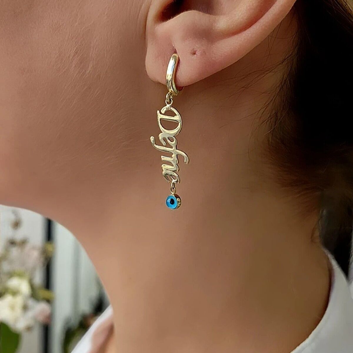 14 Ayar Defne Yazılı El Yapımı Tek Küpe