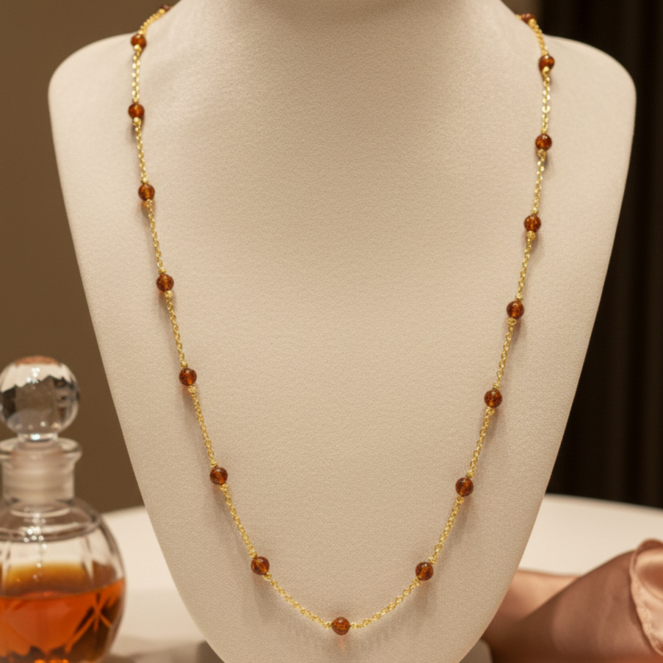 14 AYAR ORJİNAL KEHRİBAR TAŞLI ÖZEL TASARIM ALTIN KOLYE