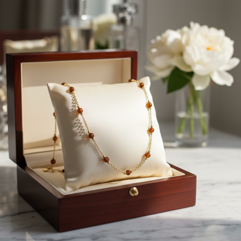 14 AYAR ORJİNAL KEHRİBAR TAŞLI ÖZEL TASARIM ALTIN KOLYE