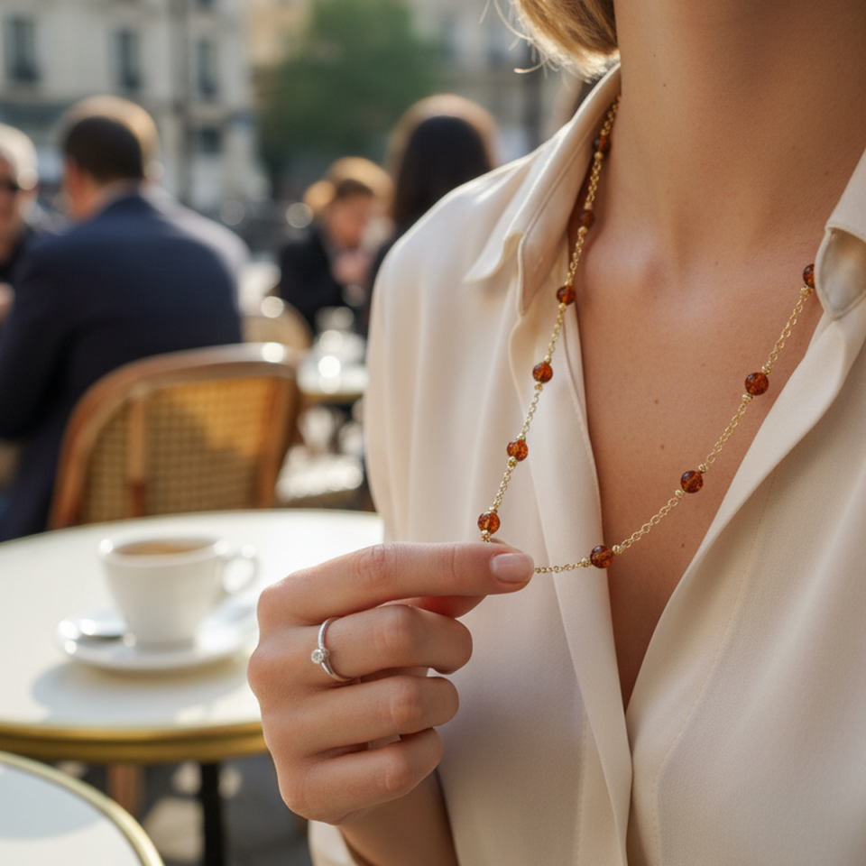 14 AYAR ORJİNAL KEHRİBAR TAŞLI ÖZEL TASARIM ALTIN KOLYE