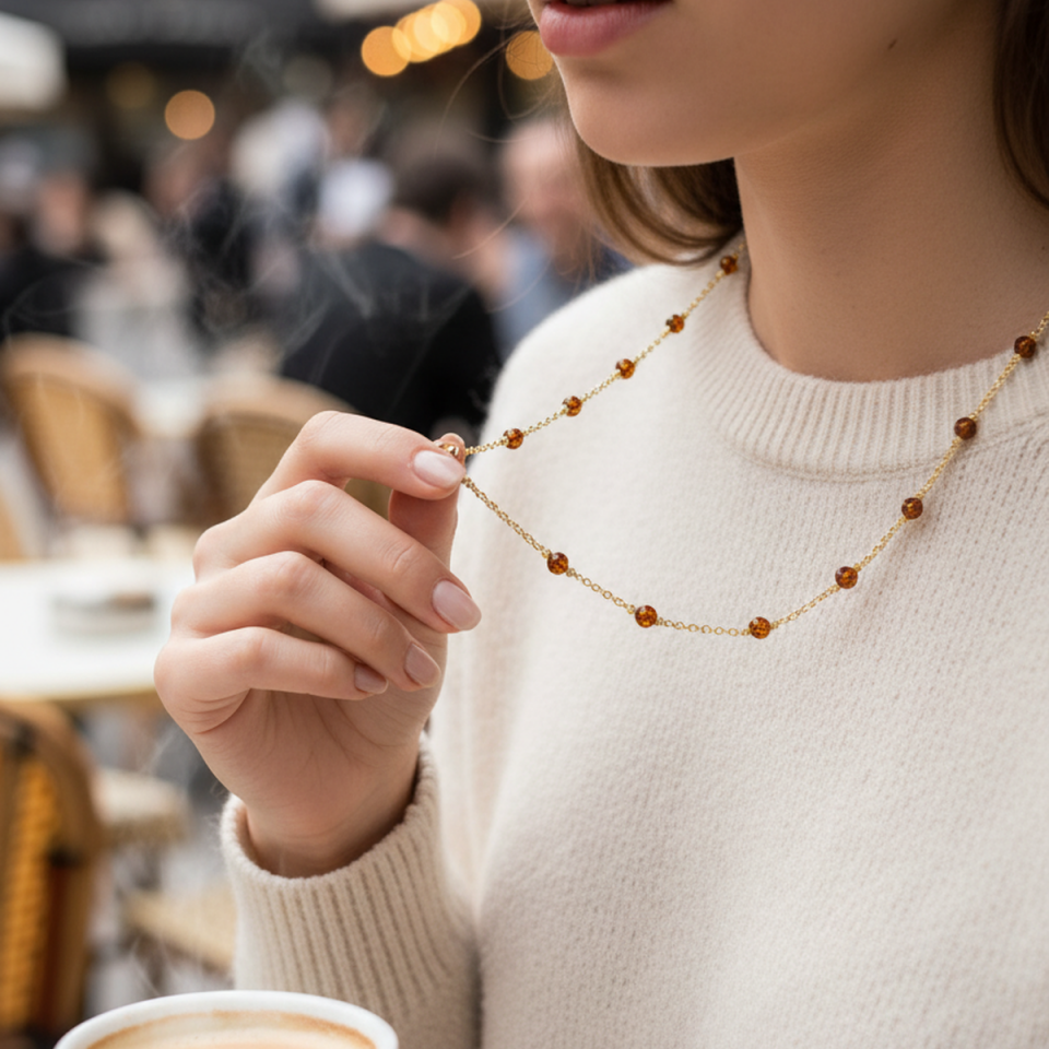 14 AYAR ORJİNAL KEHRİBAR TAŞLI ÖZEL TASARIM ALTIN KOLYE