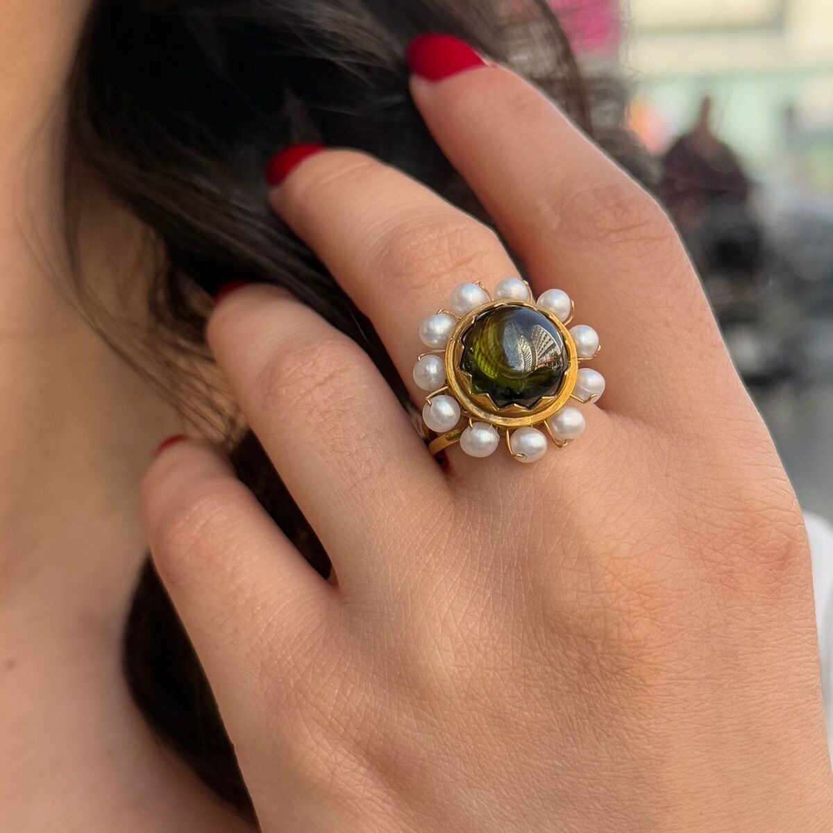 14 AYAR PERİDOT VE İNCİ TAŞLI ALTIN YÜZÜK