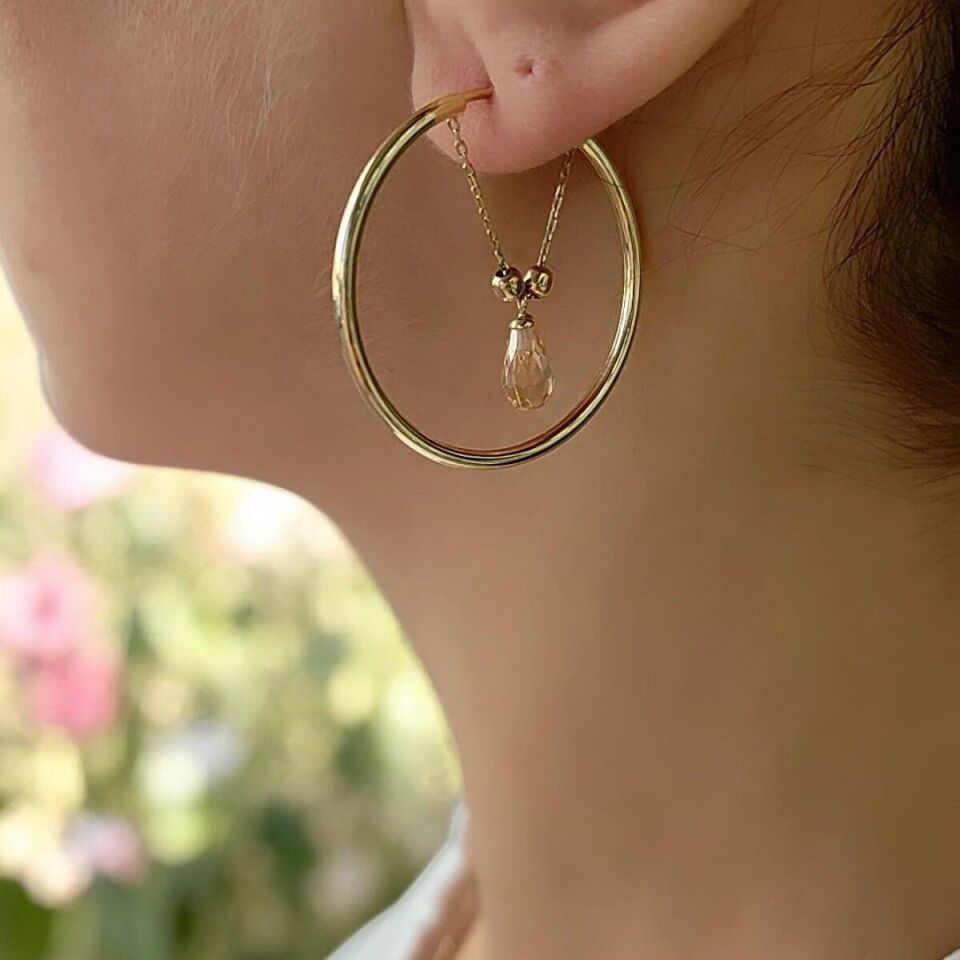 14 Ayar Kristal Citrin Taşlı Halka Küpe