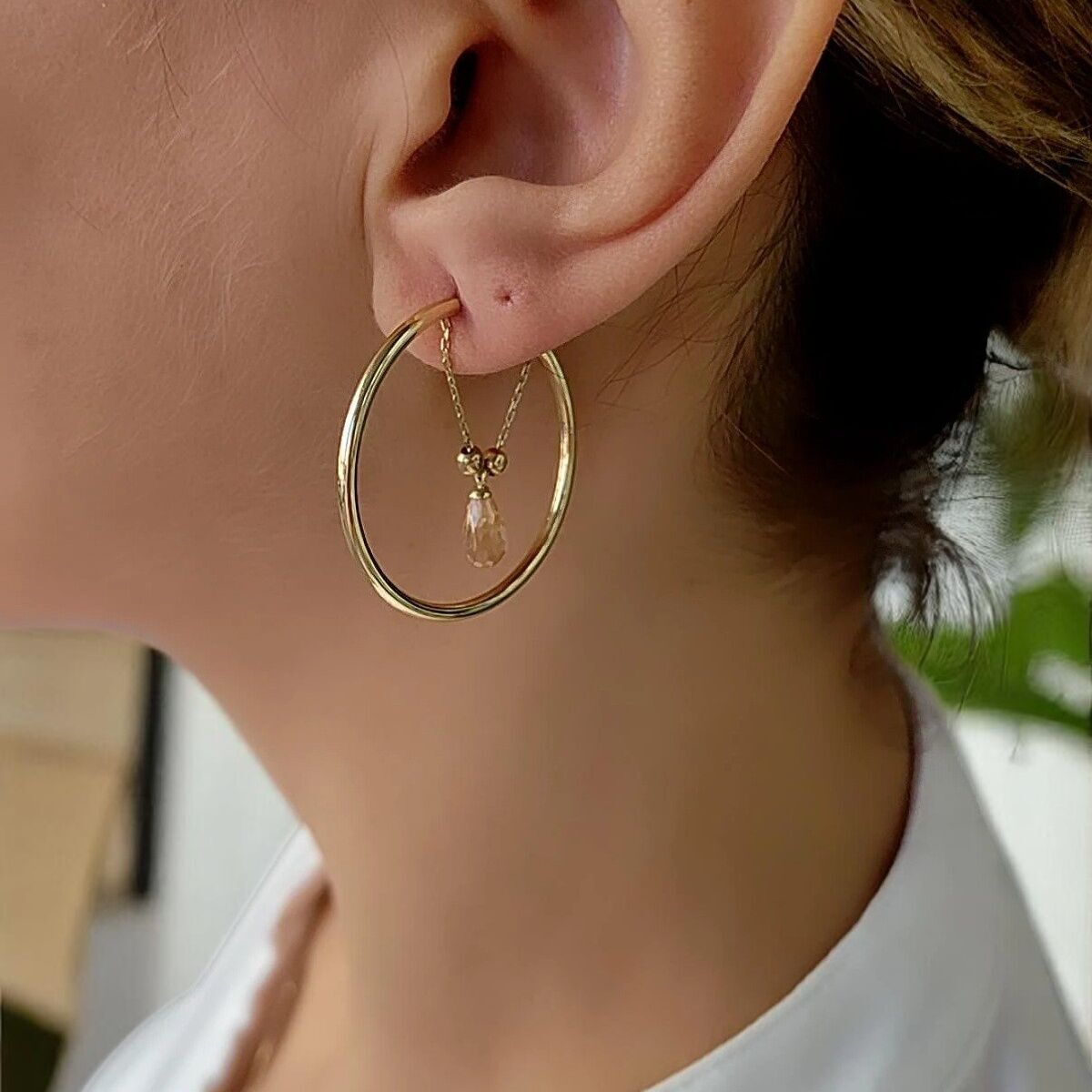 14 Ayar Kristal Citrin Taşlı Halka Küpe