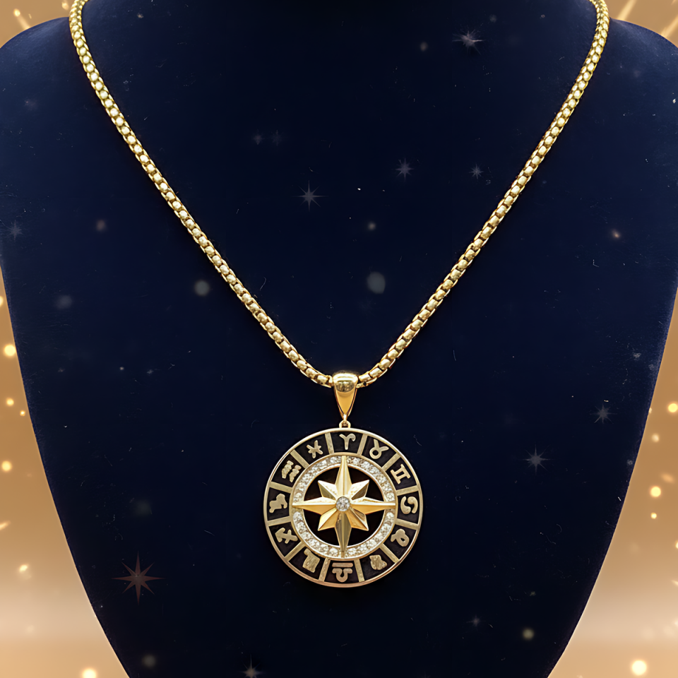 14 AYAR ÖZEL TASARIM SİYAH MİNELİ BURÇ VE PUSULA TEMALI KOLYE