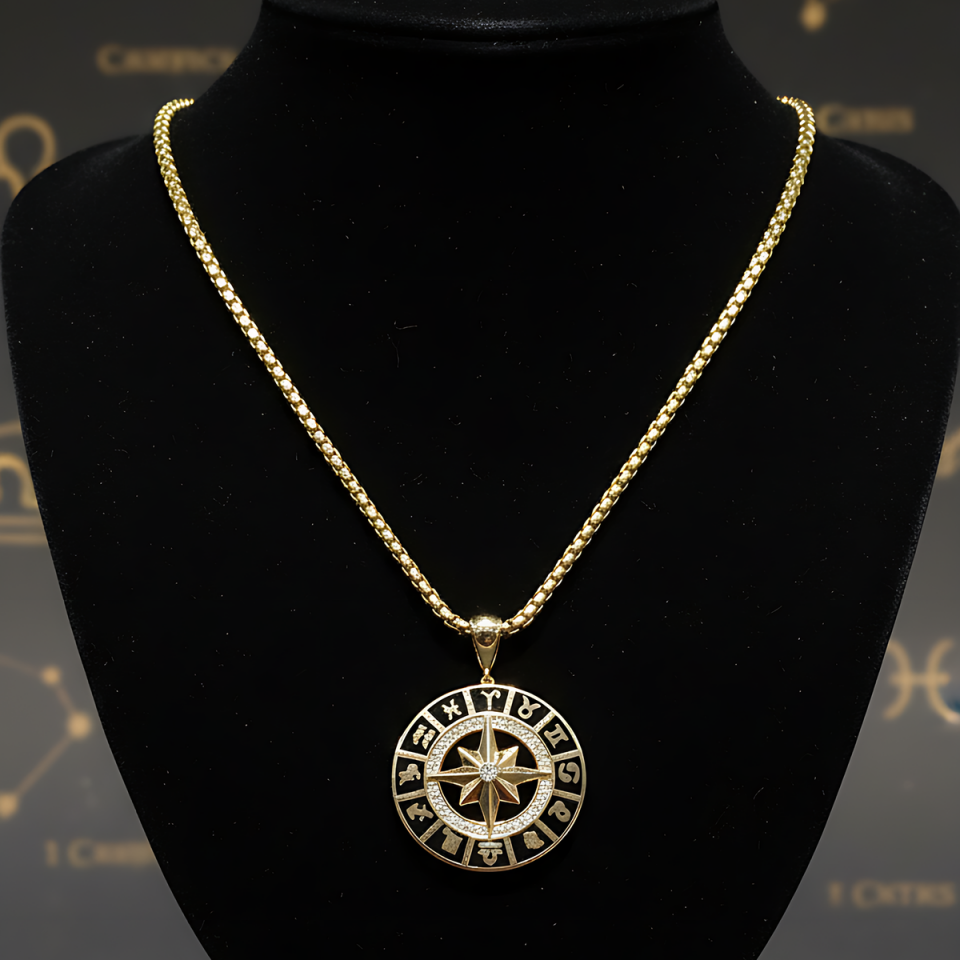 14 AYAR ÖZEL TASARIM SİYAH MİNELİ BURÇ VE PUSULA TEMALI KOLYE