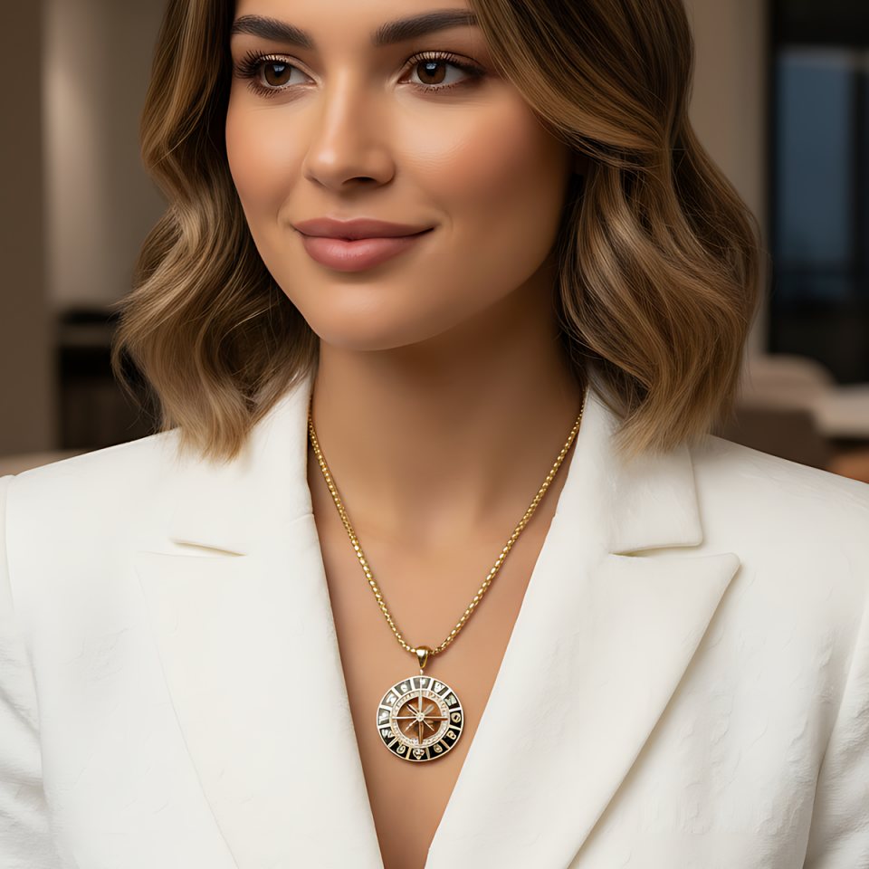 14 AYAR ÖZEL TASARIM SİYAH MİNELİ BURÇ VE PUSULA TEMALI KOLYE