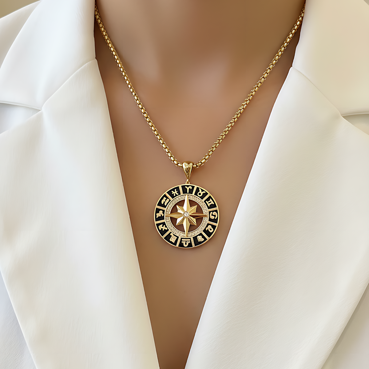 14 AYAR ÖZEL TASARIM SİYAH MİNELİ BURÇ VE PUSULA TEMALI KOLYE