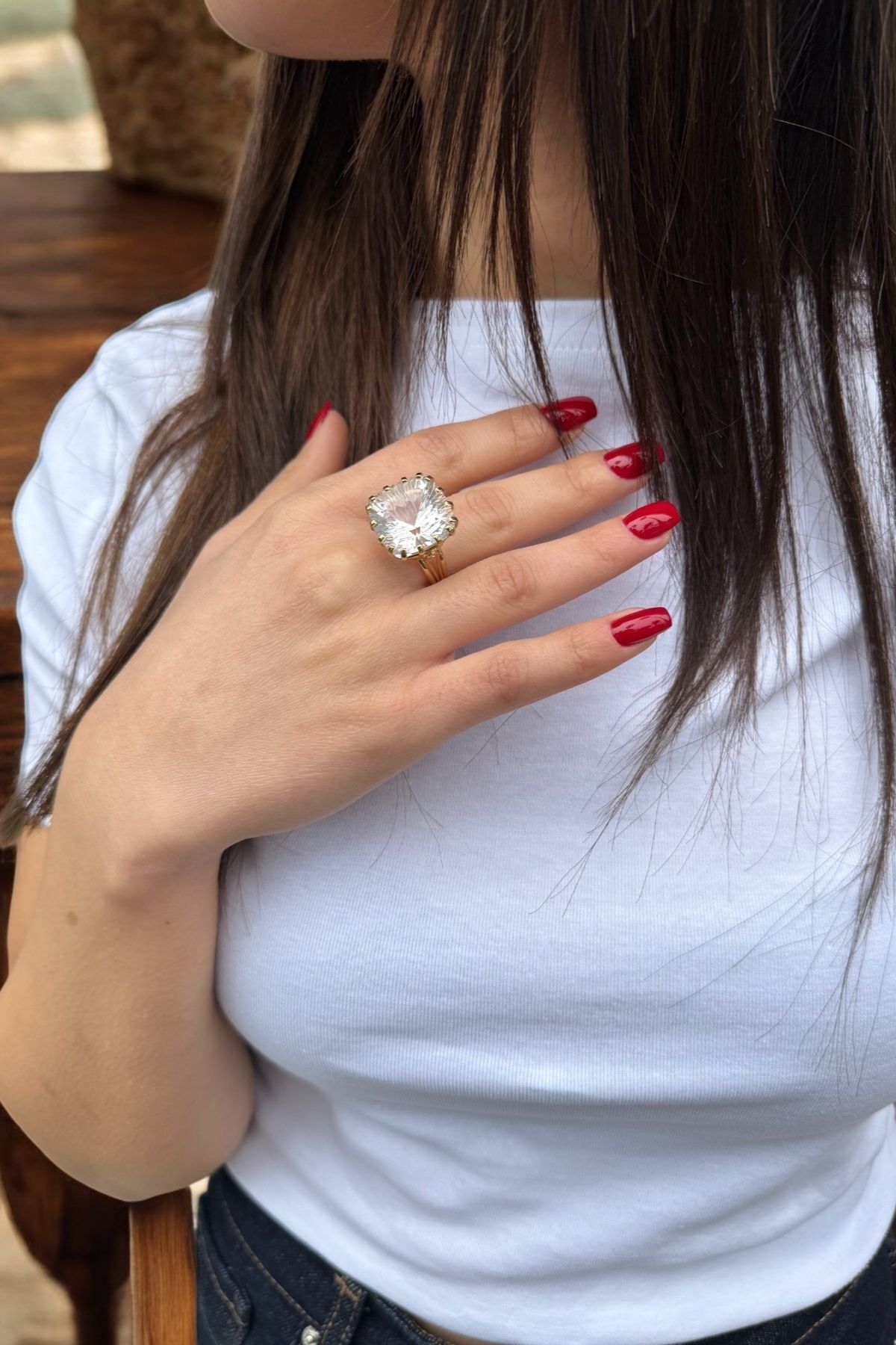 14 AYAR ŞEFFAF KRİSTAL TAŞLI ÖZEL TASARIM EL İŞİ ALTIN YÜZÜK