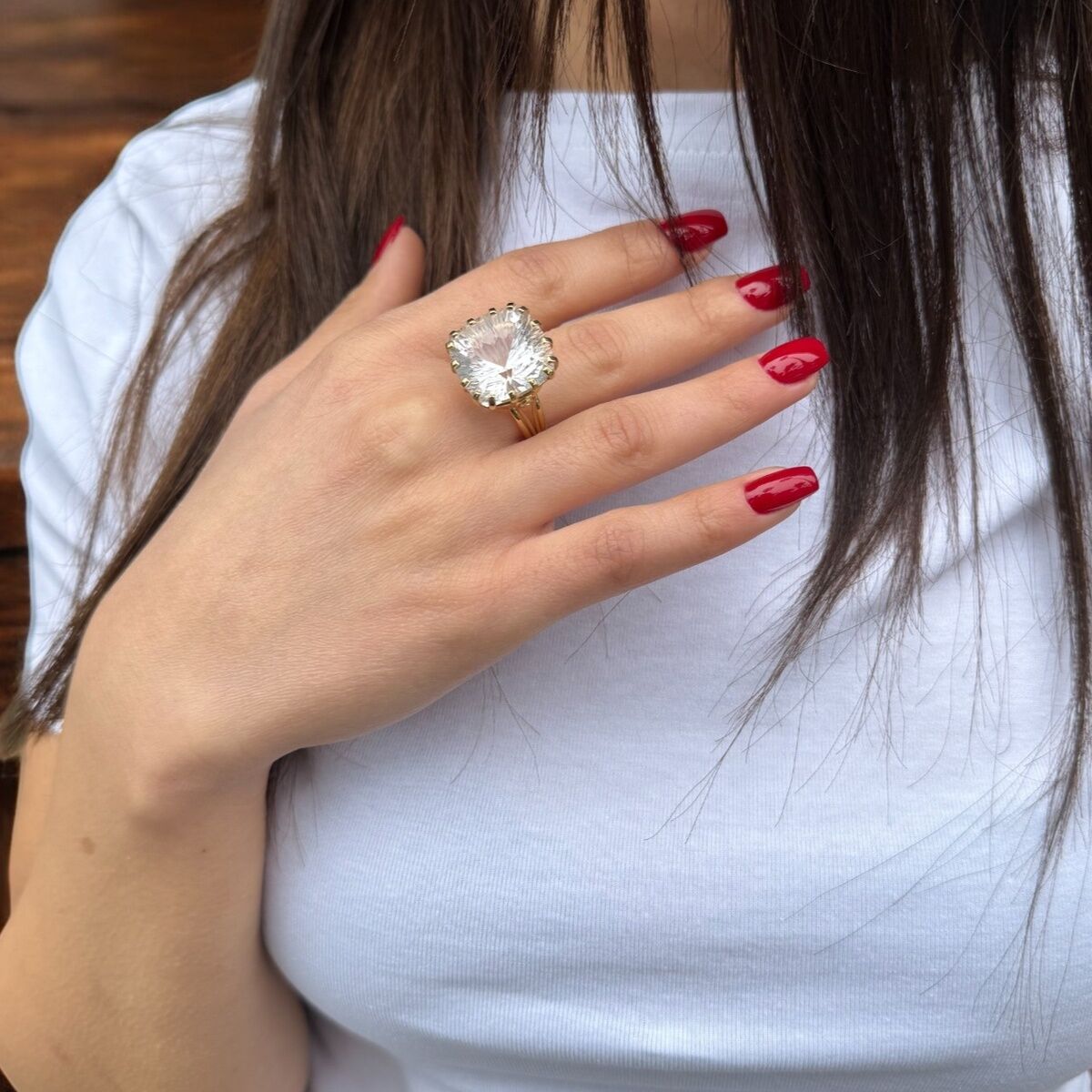 14 AYAR ŞEFFAF KRİSTAL TAŞLI ÖZEL TASARIM EL İŞİ ALTIN YÜZÜK