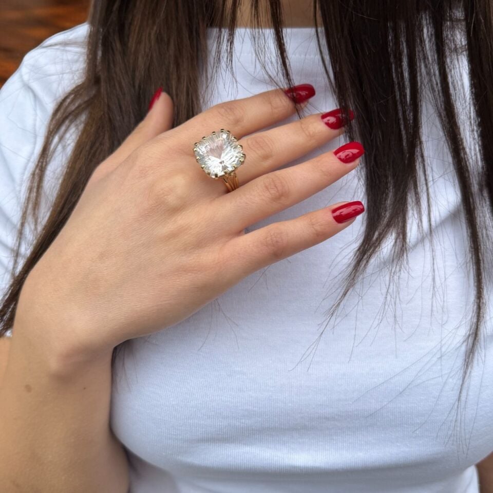 14 AYAR ŞEFFAF KRİSTAL TAŞLI ÖZEL TASARIM EL İŞİ ALTIN YÜZÜK