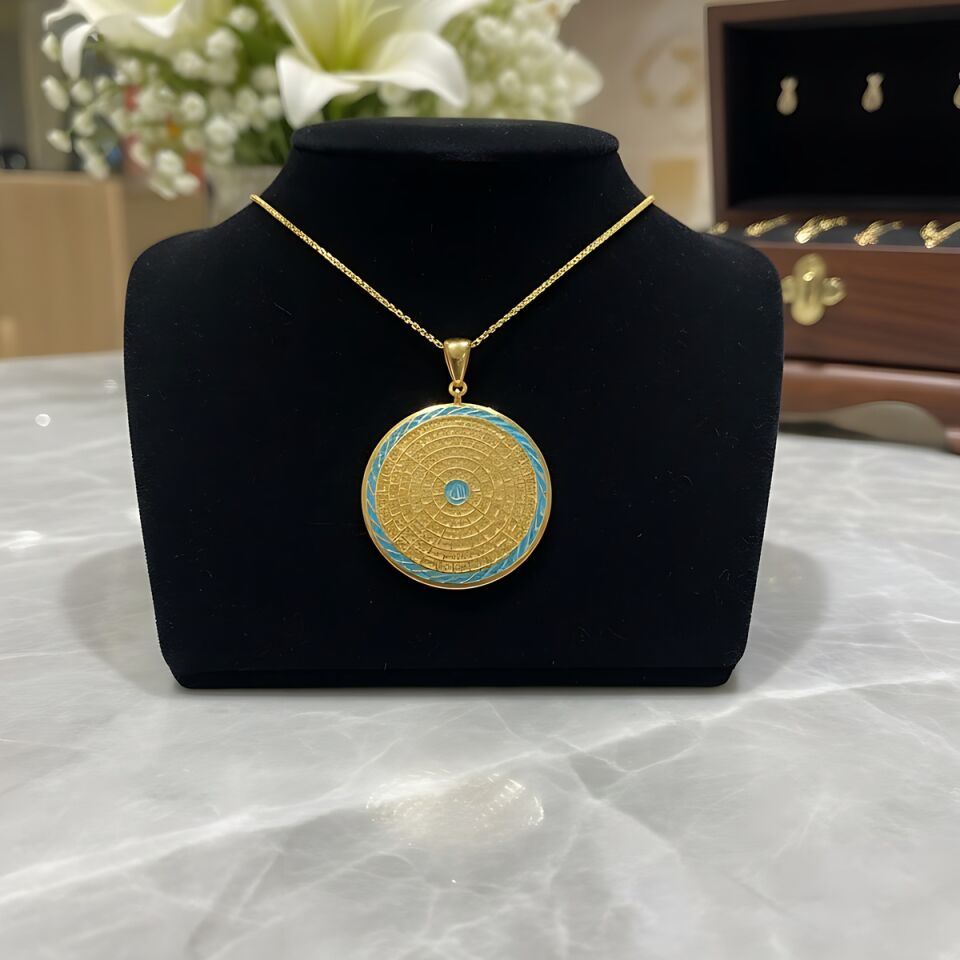 22 AYAR ÖZEL TASARIM TURKUAZ MİNELİ ESMAÜL HÜSNA ALTIN KOLYE