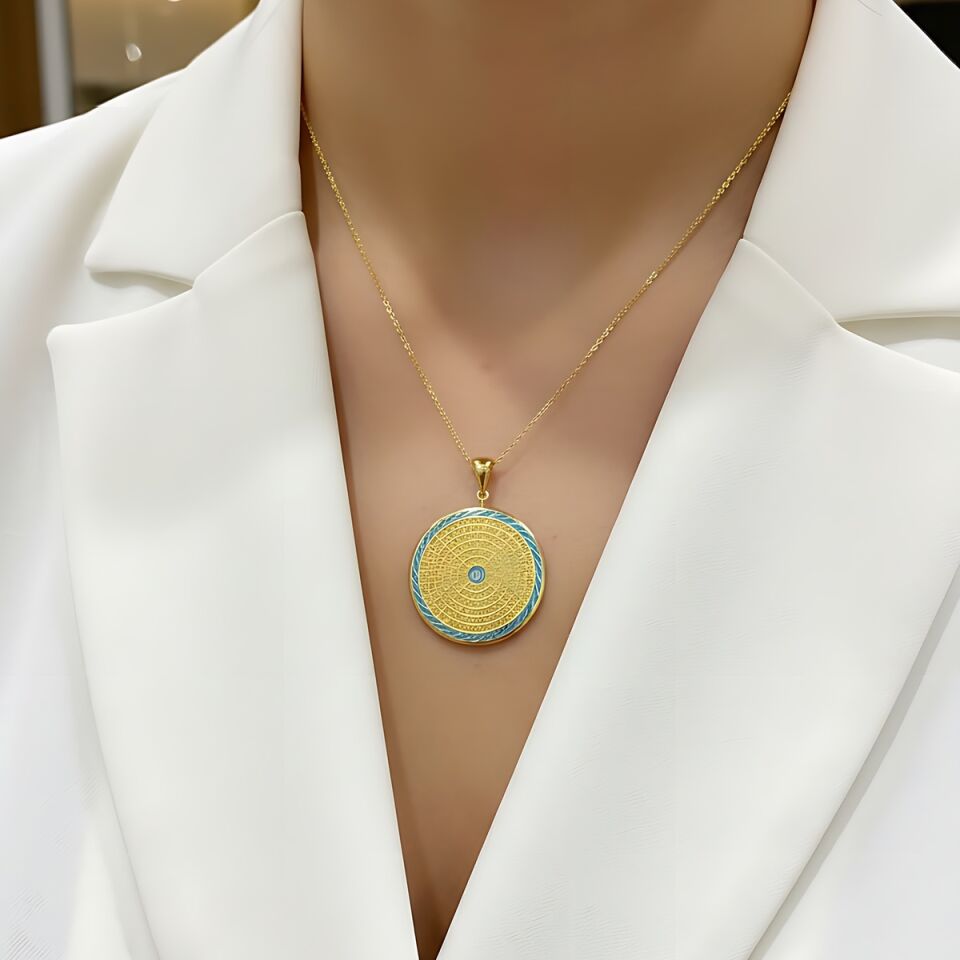 22 AYAR ÖZEL TASARIM TURKUAZ MİNELİ ESMAÜL HÜSNA ALTIN KOLYE