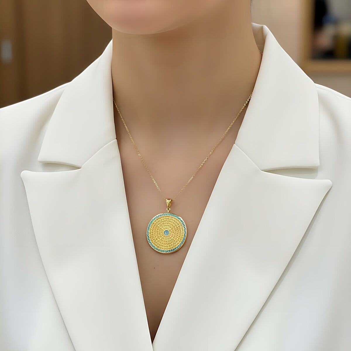 22 AYAR ÖZEL TASARIM TURKUAZ MİNELİ ESMAÜL HÜSNA ALTIN KOLYE