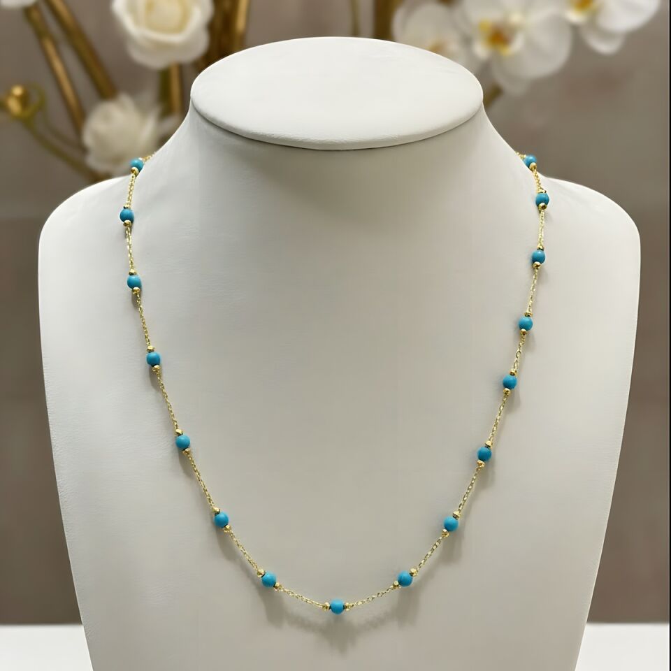 22 AYAR FİRUZE TAŞLI DORİKALI ALTIN KOLYE