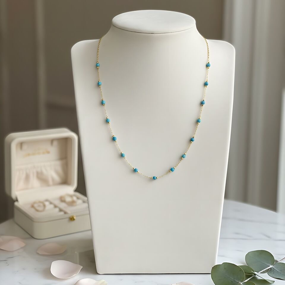 22 AYAR FİRUZE TAŞLI DORİKALI ALTIN KOLYE